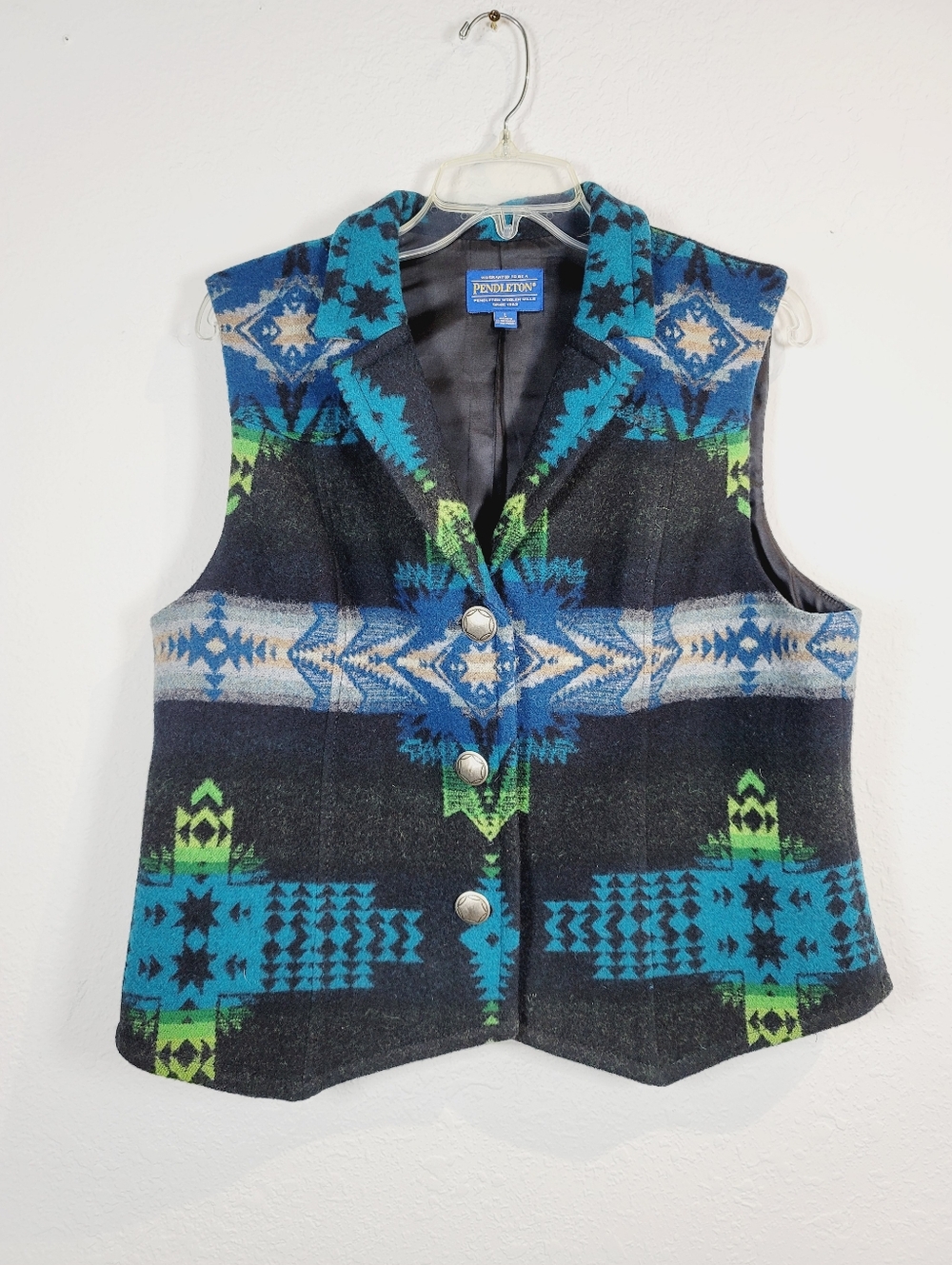 Pendleton Black Wool Vest with Blue & Green Aztec Pattern, Size Large